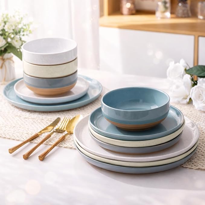 AmorArc Ceramic Dinnerware Sets for 4, 12 Pieces Handpainted Plates and Bowls Set with Rustic Terracotta Underside, Scratch Resistant Stoneware Dishes Set, Dishwasher & Microwave Safe, Multi-Color