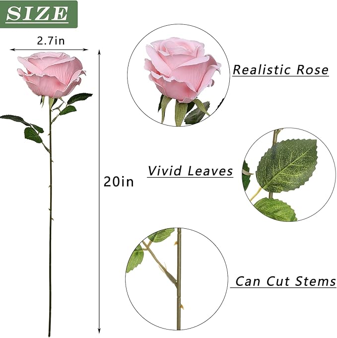 FOTEEWL 60 Pcs Artificial Rose Flower Realistic Faux Silk Roses Stem Fake Roses Bouquet for Flower Arrangement,Wedding Centerpieces,Party,Home Decorations (Pink)