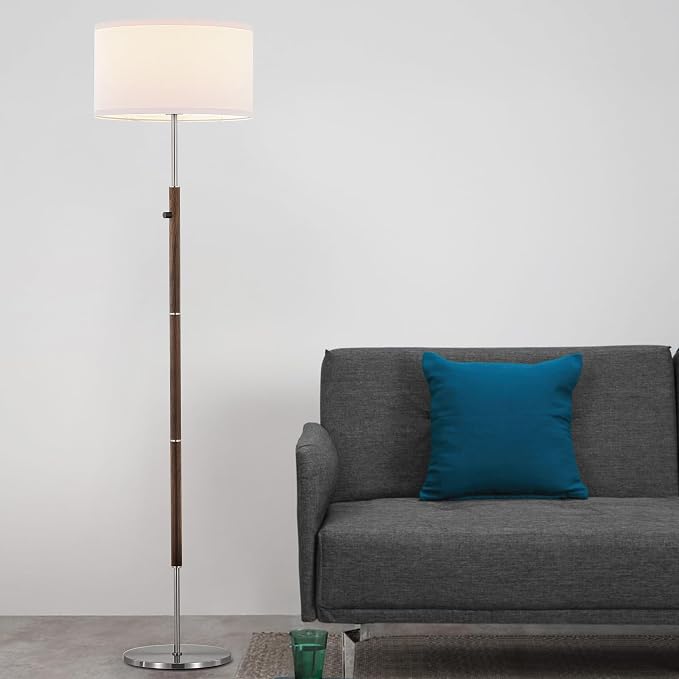 ELYONA Dimmable Floor Lamp Walnut Wood Grain & Brushed Nickel Standing Lamp Mid Century Modern Coner Pole Lamp with White Fabric Shade & Rotary Switch for Living Room Bedroom Office,LED Bulb Included