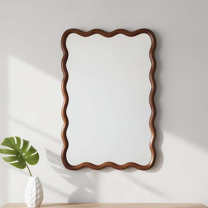 20x30 Inch Asymmetrical Wall Mirror Wood,Rustic Irregular Shaped Vanity Mirror for Bathroom,Bedroom, Living Room, Entryway, Fireplace,Wall Decor,Solid Wooden Frame (Black + Dark Walnut, 20"x30" Inch)