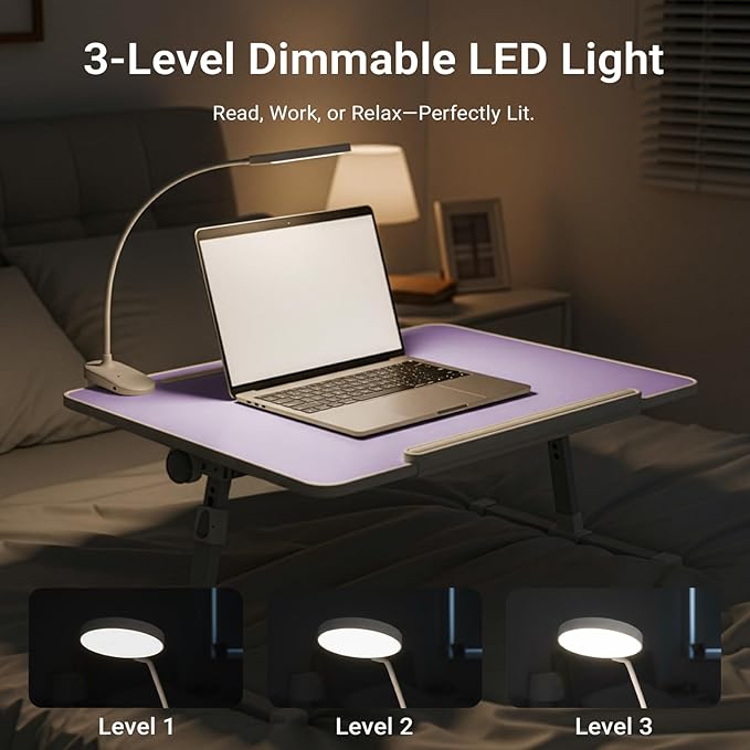 iXTRA Laptop Lap Desk with Cooling Fan - Adjustable Bed Desk with Light, Bed Table with Cup Holder&Phone Holder - Storage Drawer Desk - Folding Bed Desk,Purple,70x45cm