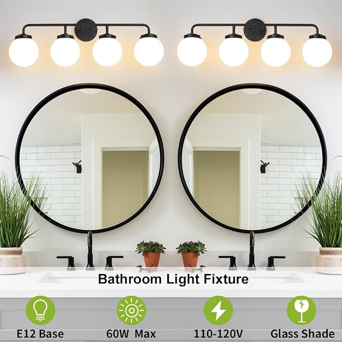 Bathroom Light Fixtures Over Mirror, 4-Light Matte Black Vanity Lighting with Milk White Glass Globe Shades Modern Wall Sconce