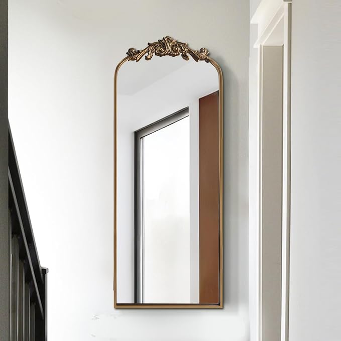 OUSHUAI Large Gold Antique Mirror, Tall Arched Floor Mirror,Ornate Design Vintage Wall Mirror Decor for Entryway,Hallway,Living Room,Fireplace 18"X53"