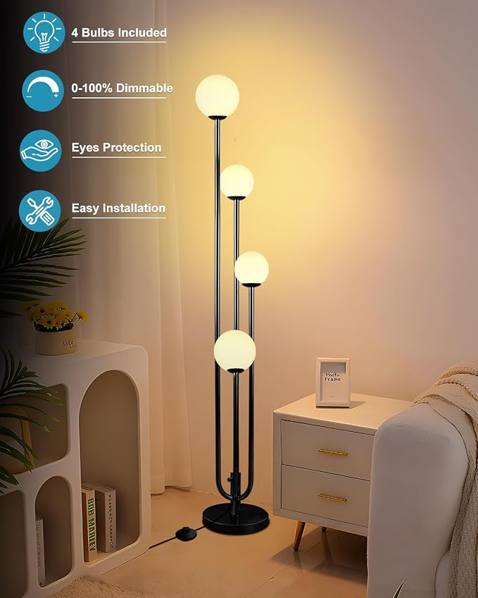 63IN 4-Light Dimmable Floor Lamp, Unique Black Tall Standing Lamps with Globe Shade &3000K Bulbs for Reading, Mid Century Modern Floor Lamp with 5Lbs Heavy Base for Living Room Bedroom Office