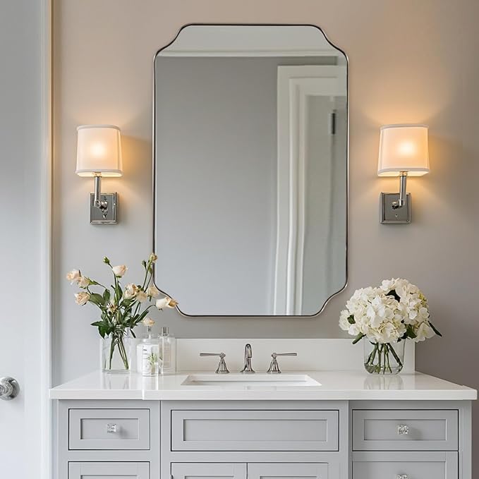 ANDY STAR 20x30 Inch Brushed Nickel Mirror, Silver Bathroom Mirror, Modern Rounded Notched Corner Mirror in Rustproof Stainless Steel Thin Frame, Compact Size Ideal for Small Bathroom Remodel