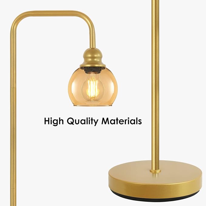 Modern Floor Lamp for Living Room with 6W LED Bulb, Industrial Floor Lamp, Amber Glass, Classic Reading Tall Lamp for Home Office, Standing Lamp for Study, Minimalist, Vintage, Mid Century, Brass Gold