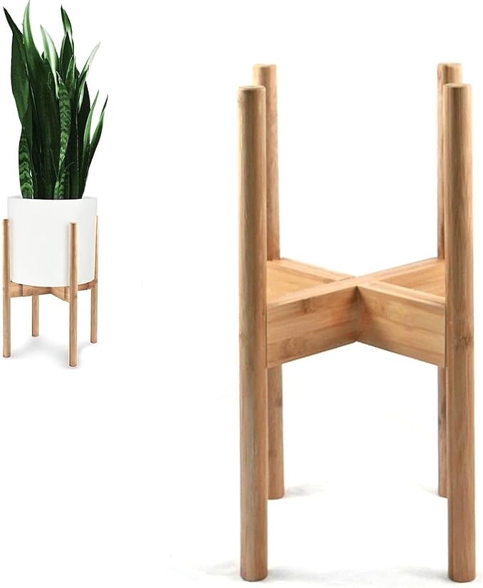 Fox & Fern Adjustable Plant Stand Indoor — 8 to 12 Inch Mid Century Bamboo Plant Stand with Adjustable Width - Plug In Design - Easy to Assemble - Two Heights - For 8, 9, 10, 11 & 12 Inch Pots