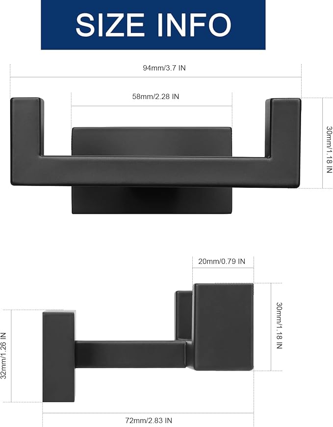NearMoon Bath Double Towel Hook- SUS304 Stainless Steel Square Robe Towel Holder, Heavy Duty Rustproof Double Coat Hook for Bathroom Livingroom Kitchen Wall Mounted, 2 Pack (Matte Black)