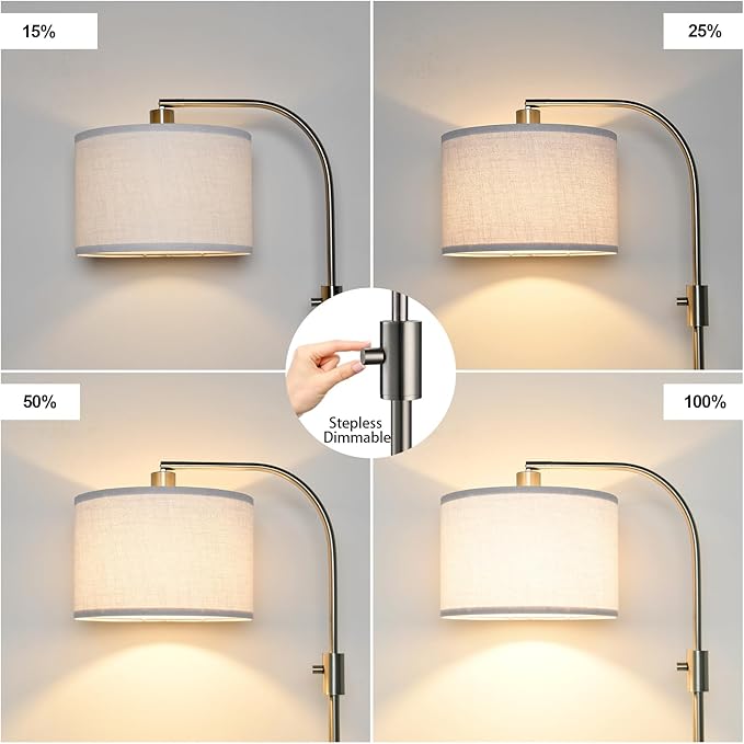 Nintiue Upgraded Modern Arc Dimmable Tall Standing Floor Lamp with Linen Shade, 1200 Lumens LED Bulb Included, for Living & Reading Room, Bedroom, Office & Nursery, Brushed Nickel