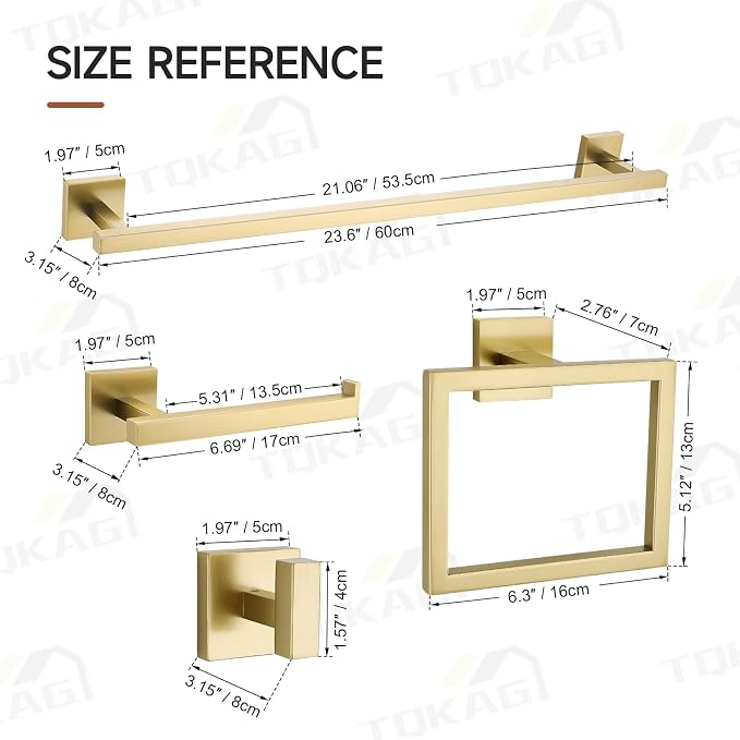 TQKAG Brushed Gold Bathroom Hardware Accessories Set 10 Pieces, 23.6" SUS304 Stainless Steel Towel Bar Set Wall Mounted Includes Single Towel Bar, Towel Ring, Toilet Paper Holder, Double Towel Hooks