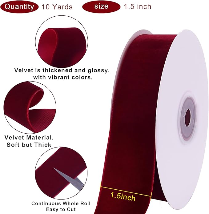 10 Yards Burgundy Velvet Ribbon 1 1/2 Inch for Christmas Tree,Velvet Christmas Ribbon for Gift Wrapping Crafts Bow Wreath Holiday Decorations (Burgundy)