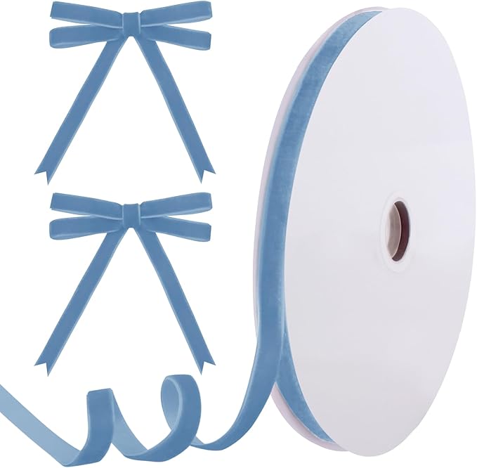 25 Yards Blue Velvet Ribbon 3/8 Inch for Christmas Tree,Light Blue Velvet Christmas Ribbon for Gift Wrapping Crafts Bow Wreath Holiday Decorations (Blue)