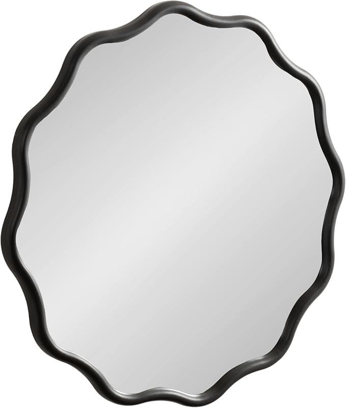 Kate and Laurel Talma Modern Round Scalloped Wall Mirror, 30 Inch Diameter, Black, Circle Mirror with Solid Poplar Wood Frame and Rounded Frame Profile
