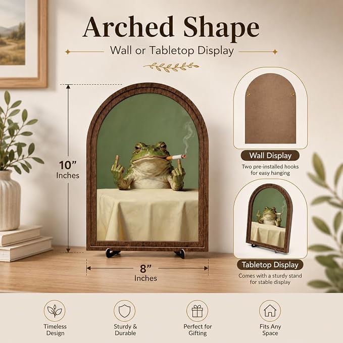 Funny Frog Tabletop Decor Sign, Arched Wooden Frame with Stand, Retro Whimsical Print, Home Office Desk Art for Living Room Bedroom, Vintage Frog Smoking Poster