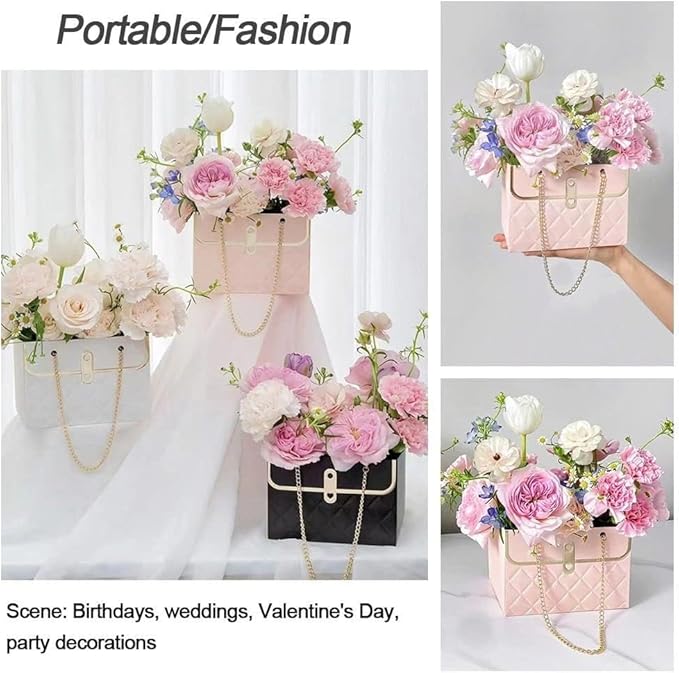 NADUSEP Flower Box Paper Bouquet Storage Bucket, Florist Flower Hand bag with Metal Chain Waterproof Florist Flower Boxes for Gifts Wrapping Supplies Bulk (4 color)