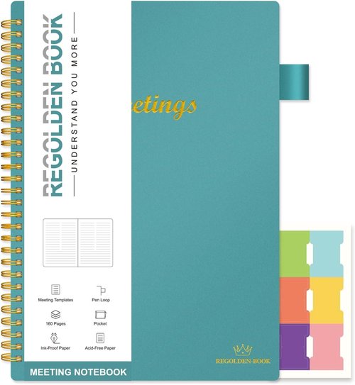 Regolden Meeting Notebook - Action Items & Project Planner | 160 Pages (7”x10”) - Teal for Work & Office
