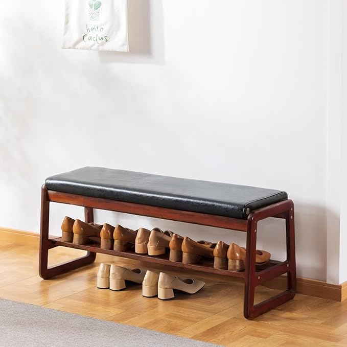 SOBIBO Solid Wood Shoe Bench, 2-Tier Wooden Entryway Bench, Modern Shoe Rack with Faux Leather Cushion for Hallway, Living Room (Black, 39.4'')