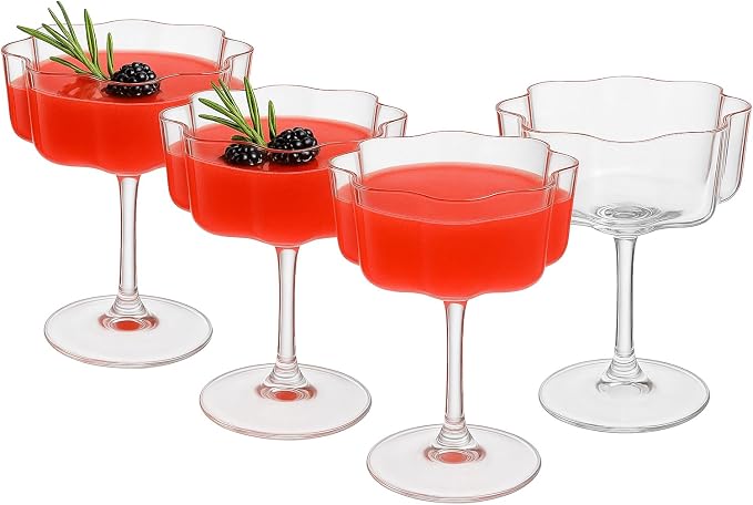 Flower Scalloped Vintage Wavy Petals Wave Glass Coupes 7oz Colorful Martini, Champagne & Cocktails, 4 Set Clear Rippled Champagne Glasses, Elegant Bar Glassware, Unique Aesthetic Coupe Glassware Gifts