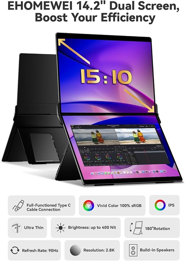EHOMEWEI X1 Air, 14.2 Inch 2.8K IPS Display, 90Hz Dual-Screen, 400 Nit Brightness, 100% sRGB (Dual-Screen 14.2" No-Touch, 14.2")