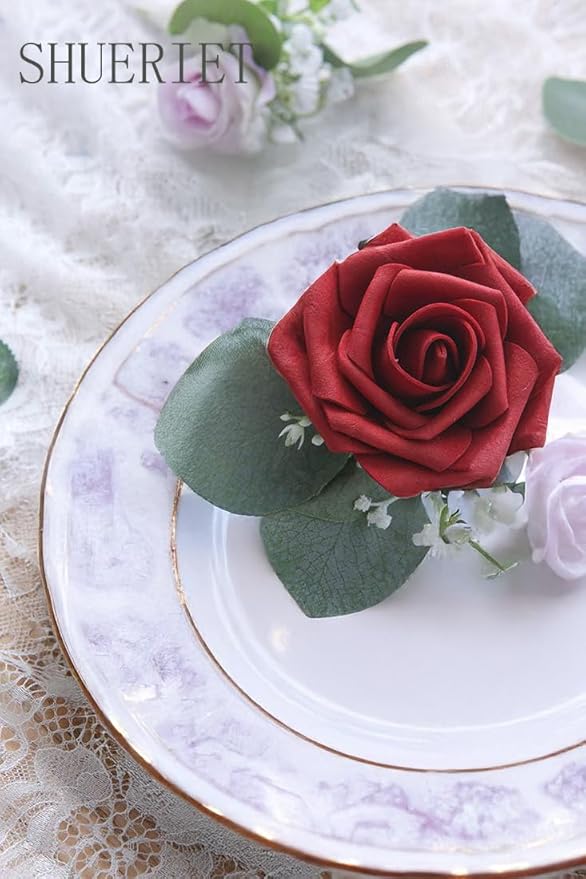 Dark Red Artificial Roses 25pcs, Real Looking Fake Foam Flowers with Stems for DIY Wedding Bouquets, Centerpieces, Valentine's Day, Christmas Tree Decoration