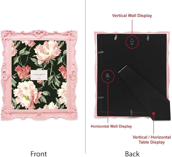 Laura Ashley 8x10 Pink Ornate Textured Hand-Crafted Resin Picture Frame with Easel & Hook for Tabletop & Wall Display, Decorative Floral Design Home Décor, Photo Gallery, Art, More (8x10, Pink)