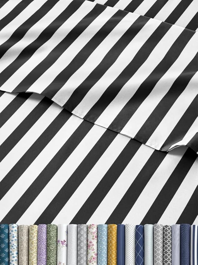 Striped Sheets - Black & White Striped Sheets - 1 Flat & 1 Fitted & 2 Pillowcases w/ Deep Pockets – Wrinkle & Fade Free - Soft, Breathable and Cooling – Luxury Pinstripe Bedding - Queen Size Bed Set