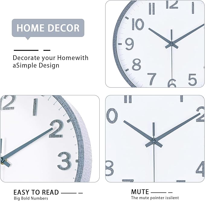 Wall Clocks Battery Operated 10 inch Modern Wall Clock,Silent Non Ticking Wall Clock for Living Room Bedroom Kitchen Office Classroom Decor (Texture Gray White)