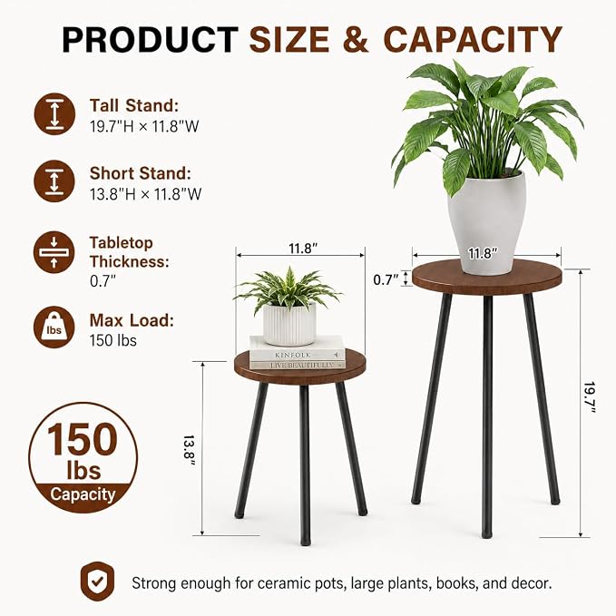 2 Pack Plant Stand Set: Small Round Plants Stand Indoor Wood Grain Plant Tables with Metal Legs - Indoor Outdoor Plant Stands for Living Room, Bedroom, Patio, Balcony, Brown, 150 lbs Capacity