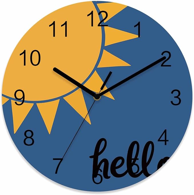 Sunburst Rays Wall Clock Battery Operated Non-Ticking 12" Round Wood Clocks, Mustard Yellow Slate Blue Kitchen Wall Clock for School Bathroom Living Room Home Office Wall Decor