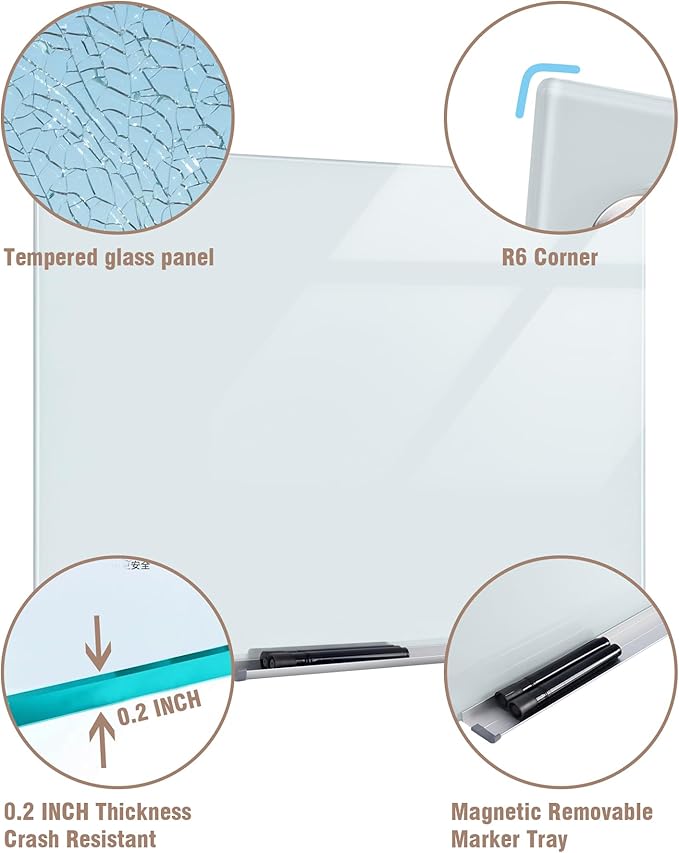 Mifuro Magnetic Glass Whiteboard，36"x24" Wall Mounted Frameless Dry Erase Board for Office, Home & School White