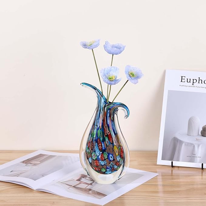 Hand Blown Glass Vase – Oval Decorative Art Glass for Centerpieces, Murano Inspired Decor for Dining Room, Entryway Table, or Shelf, Handmade Glass Vase for Home Display (Blue)