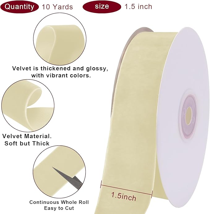 10 Yards Cream Velvet Ribbon 1 1/2 Inch for Christmas Tree,Ivory Velvet Christmas Ribbon for Gift Wrapping Crafts Bow Wreath Holiday Decorations (Cream)