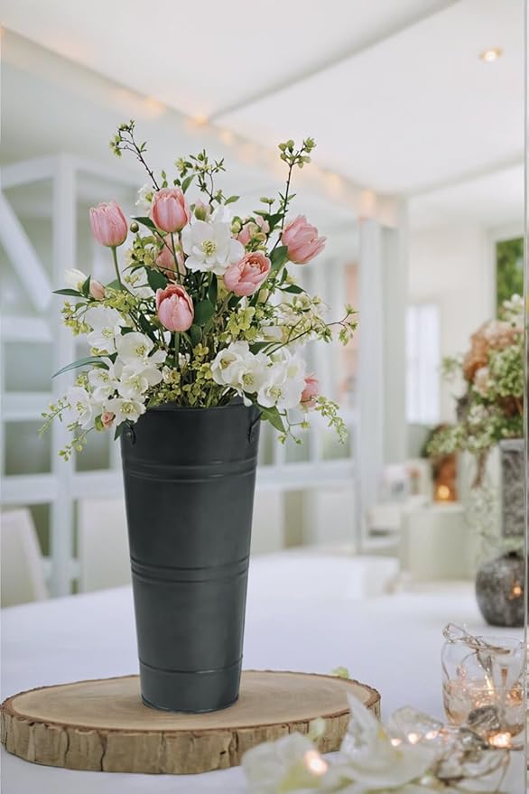 9 Inch Galvanized Metal Vases for Flowers - 2 Pcs Farmhouse Decorative Tall Flower Bucket with Handles, Rustic French Tin Planter Buckets for Wedding Decor (Galvanized Black)