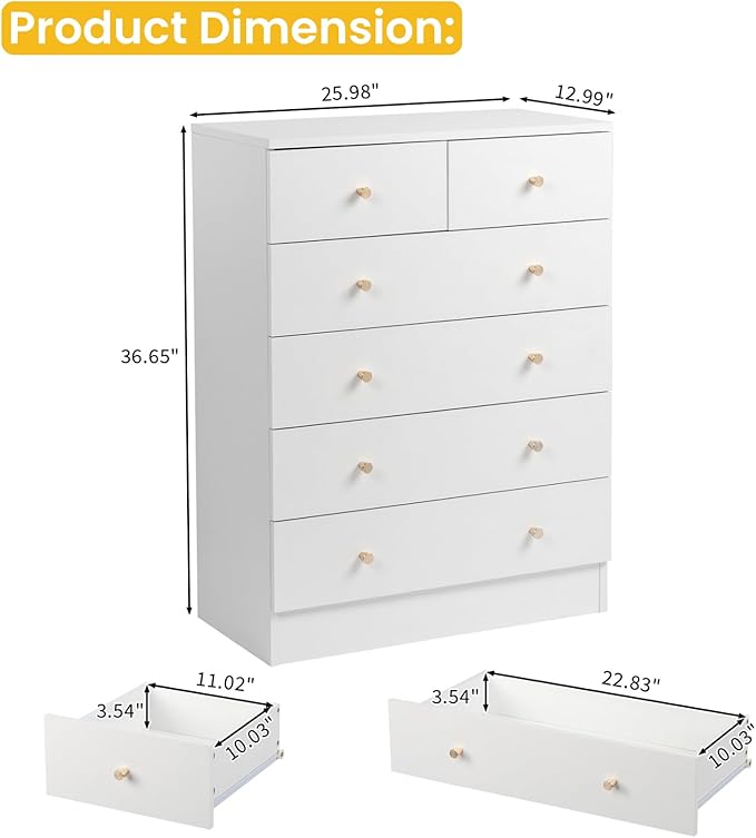 Karl home White 6 Drawer Dresser for Bedroom, Tall Dresser Chest of Drawers, Wood Bedroom Dressers Clothes Organizer, Anti-Tipping Device, Rose Gold Metal Handle, Living Room, Entryway, Office