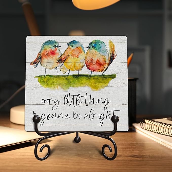 Uplifting Inspirational Gifts - Watercolor Birds Wooden Sign - Every Little Thing Is Gonna Be Alright - Rustic Farmhouse Decor for Shelf, Desk, Tabletop, 5x5 Inches -K17