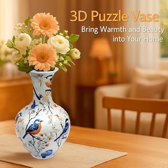3D Puzzle Vase, 160 Curved Pieces DIY Flower Vase Craft Kit & 3D Puzzles for Adults, Creative Jigsaw Art Project Home Décor Centerpiece, for Women, Mom (White Birds & Blossoms)
