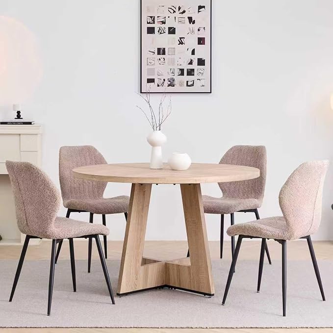 Round Dining Table Set for 4 with Chairs Kitchen Table and Chairs Set Dining Room Table Set Mid-Century Modern Chair with Metal Leg for Apartment Living Room(Natural Table With 4 Brown Chairs)
