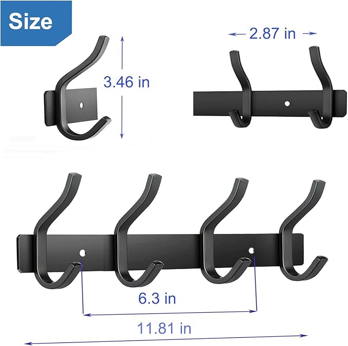 HAMUTH Black Wall Hooks, 12 Inch Coat Rack Wall Mount with 4 Hooks, Wall Hooks Heavy Duty for Hanging Backpack, Bag, Purse, Clothes, Hat, Coat, Towel | Entryway & Bathroom Storage Organization Hanger