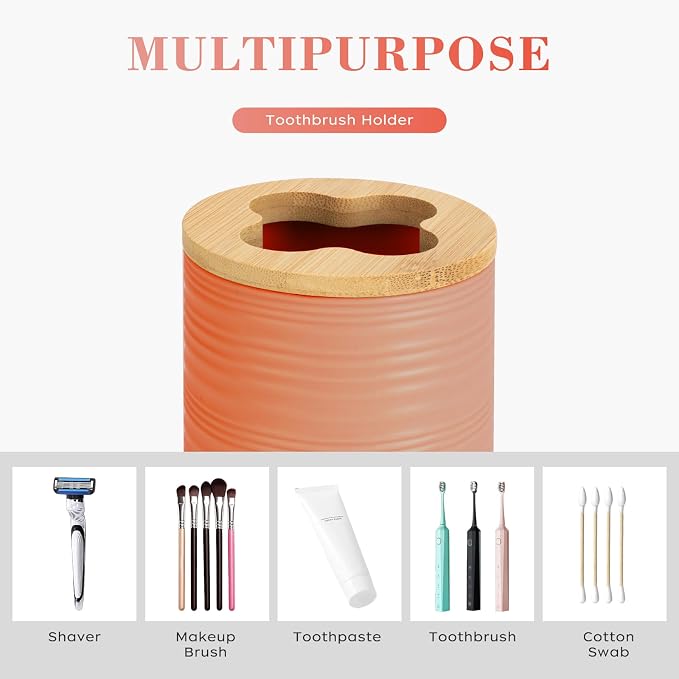 2 PCS Orange Bathroom Accessories Set, Soap Dispenser and Toothbrush Holder Set, Plastics & Bamboo Bathroom Set, Bohemian Style Bathroom Sink Set