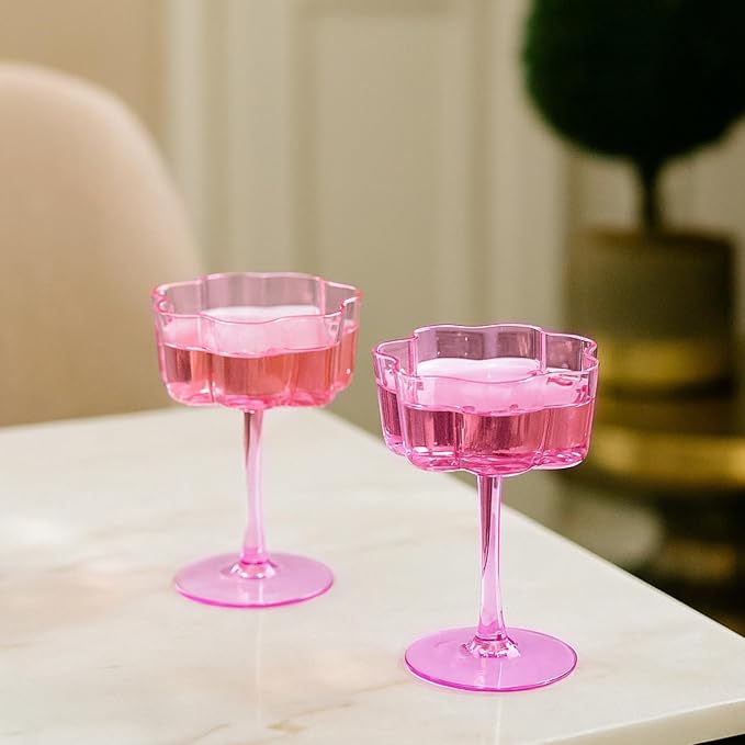 Flower Scalloped Vintage Wavy Petals Wave Glass Coupes 7oz Colorful Martini, Champagne & Cocktails, 2 Pink & Blush Set Amber Rippled Champagne Glasses, Elegant Bar Glassware, Aesthetic Coupe Glassware