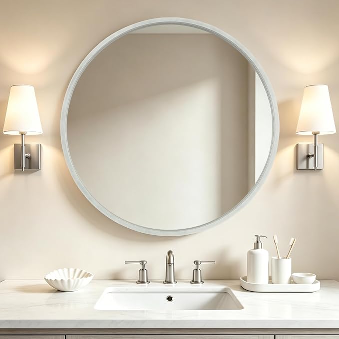 WallBeyond 36 Inch Round Wood Mirror, Large Circle Wooden Frame Wall Mirror for Bathroom, Living Room, Bedroom, Entryway (White)
