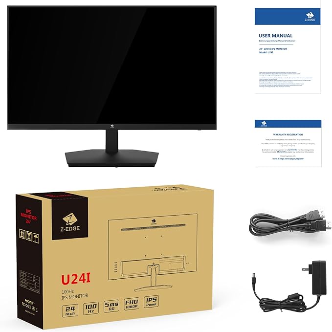 24 inch Monitor, Z-Edge Computer Monitor, Full HD 1920 x 1080p IPS 100Hz PC Monitor with HDMI, VGA, Frameless, U24I Anti-Glare Screen