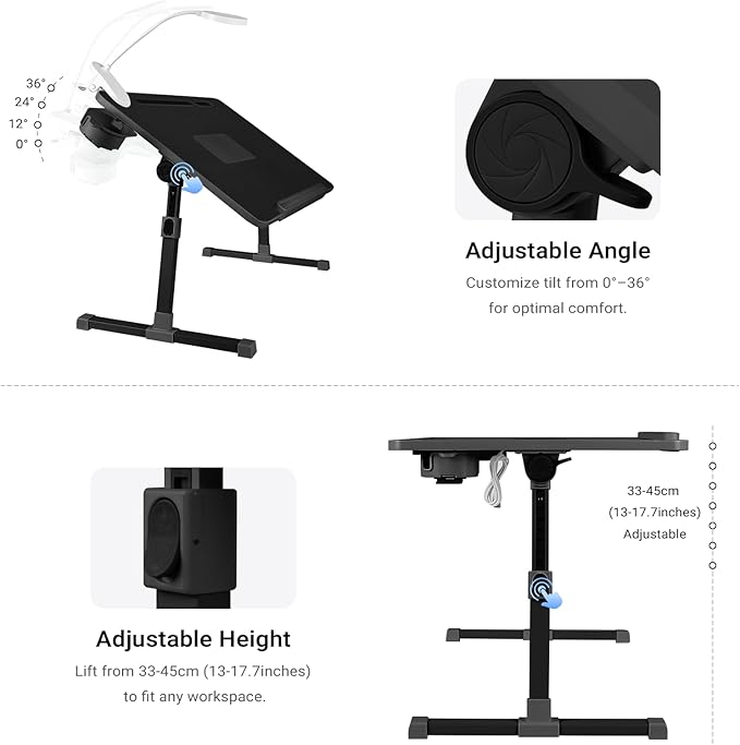 iXTRA Laptop Lap Desk with Cooling Fan - Adjustable Bed Desk with Light, Bed Table with Cup Holder&Phone Holder - Storage Drawer Desk - Folding Bed Desk,Black,70x45cm