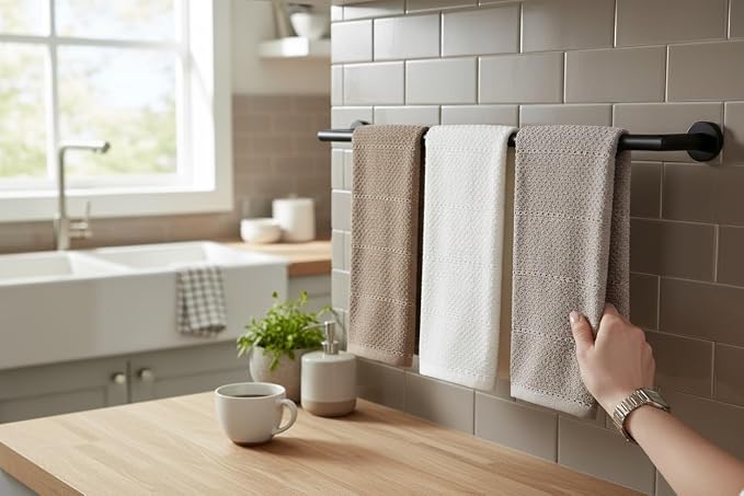 Beige White Brown Taupe Kitchen Hand Dish Towels: Oversized 28" x 18",100% Cotton Cloth Soft Cleaning Drying Absorbent Textured Design, Set of 3 Multipurpose for Everyday Use (Neutral Collection)
