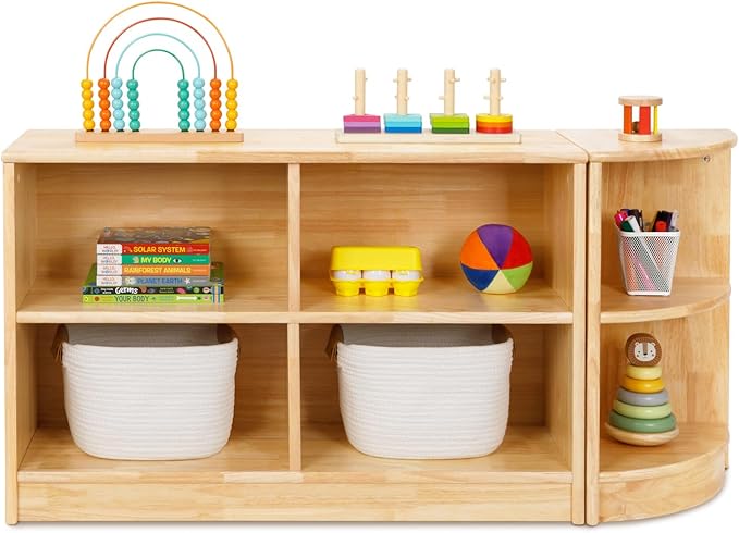 OOOK Rubber Wood Corner Cabinet, 2-Tier Toy Organizers and Storage, Montessori Shelf for Kids Room, Playroom, Nursery, Classroom, Kindergarten