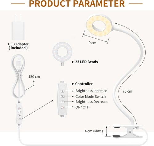 iZELL USB Clamp Reading Light - Adjustable LED Desk Lamp with Silicone Arm for Kids - 15.8’’ White
