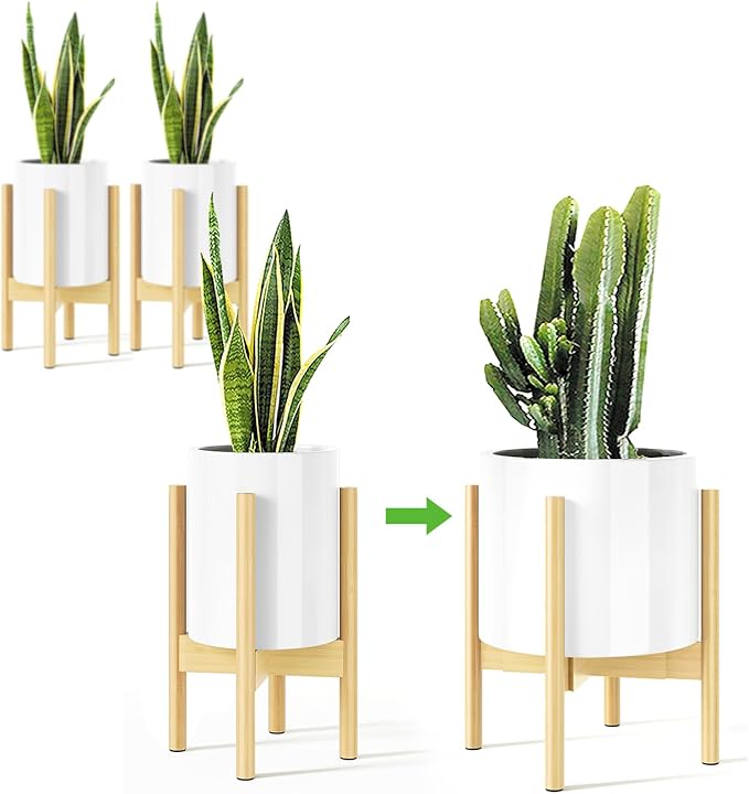 MUDEELA Plant Stand for Indoor Plants: Adjustable Width Fits 8-12 Inch Pots - Mid-century Modern Bamboo Plant Stand - 14.5 Inch Single Tier Small Floor Plant Holder, Natural, 2 Pack (Without Pot)