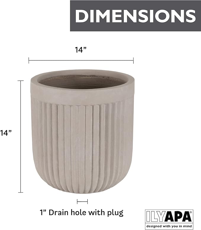Ilyapa 14x14 inch Fluted Large Modern Concrete Outdoor Planter, Large Indoor Plant Pot with Drainage - 14 Inch Pots for Plants, Indoor/Outdoor