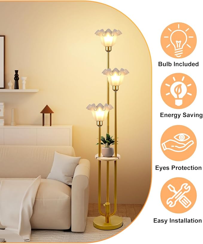 Vintage Flower Floor Lamp for Living Room, Mid Century Modern Floor Lamp Dimmable with Shelf & LED Bulbs, 3 Light 3000K Warmwhite Gold Tall Standing Lamp for Bedroom Girls Room Home Decor