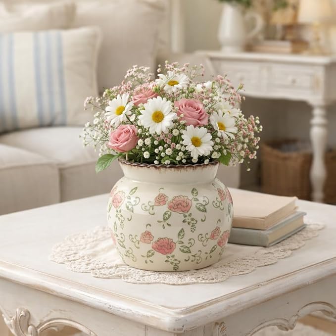 SIDUCAL Ceramic Red Rose Floral Vase with Wide Mouth Lace, 4.84 Inch Cracked Chinoiserie Rustic Farmhouse Vases, Pastoral Retro Vase for Home Decor, Table, Living Room, Bathroom, Shelf, Wedding